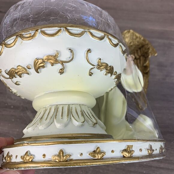 VTG Beautiful Angel Candy Bowl Crackle Glass White and Gold on Base - Picture 8 of 11